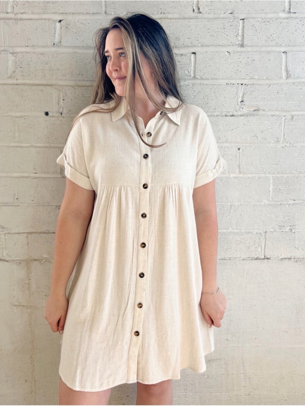 Hem & Thread Cream Linen Empire Waist Coastal Cowboy Dress